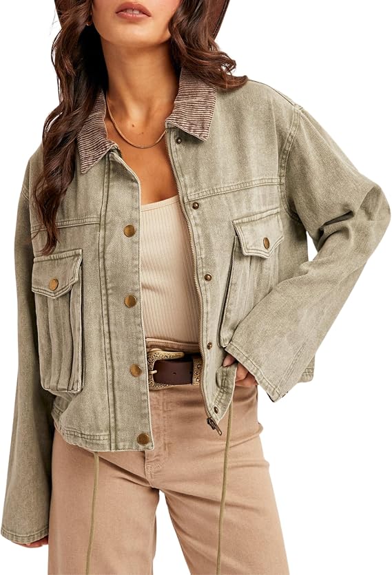 Esmeling Women Contrast Button Down Jacket Lapel Collar Long Sleeve Outwear Cropped Coat with Pocket