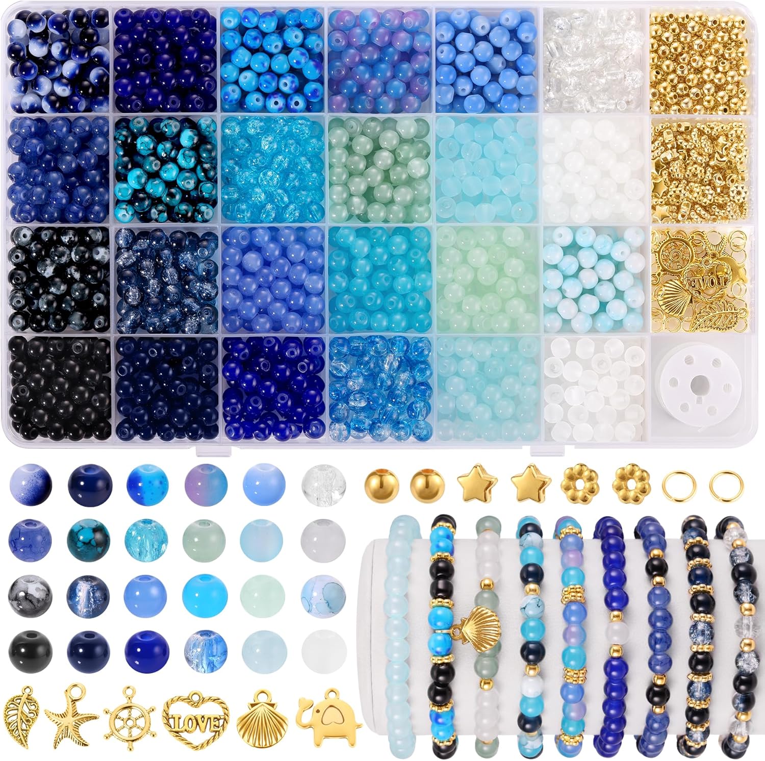 Funtopia 1377pcs Blue Glass Beads for Bracelets, 24 Colors 6mm Beads for Jewelry Making, Round Crystal Blue Ocean Sea Beads for Bracelet Earring Necklace DIY Crafts with Spacer Beads and Charms