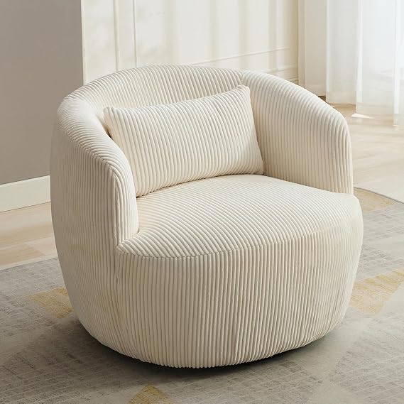 Swivel Barrel Chair, 360 Degree Round Swivel Accent Chair, Modern Upholstered Accent Chair for Living Room,Comfy Sofa Armchairs for Bedroom,Nursery, Corduroy, Ivory White
