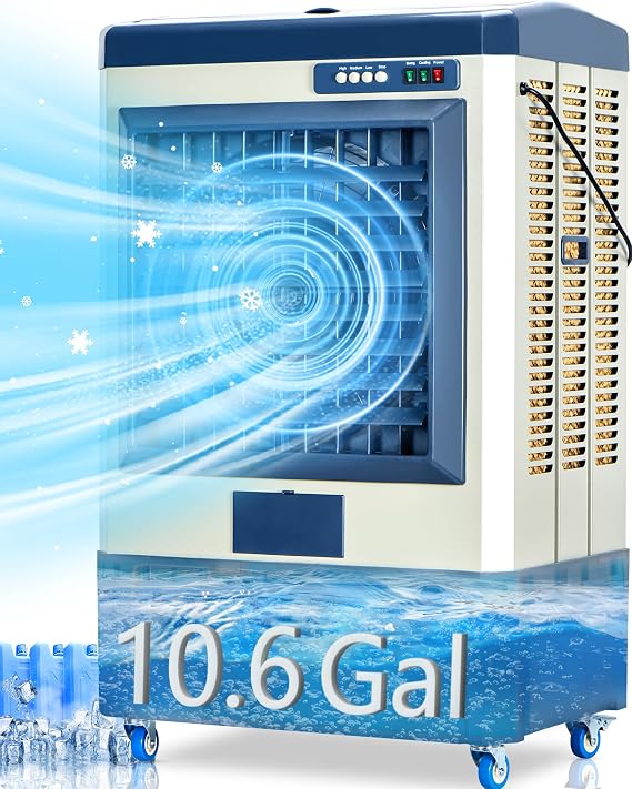 Uthfy 41" Swamp Cooler, 3531 CFM Evaporative Air Cooler with 10.6 Gallon Water Tank, Portable Outdoor Air Conditioner with 3 Ice Pack, 110 Oscillation, 3 Speed for Garage, Yard, Commercial Use