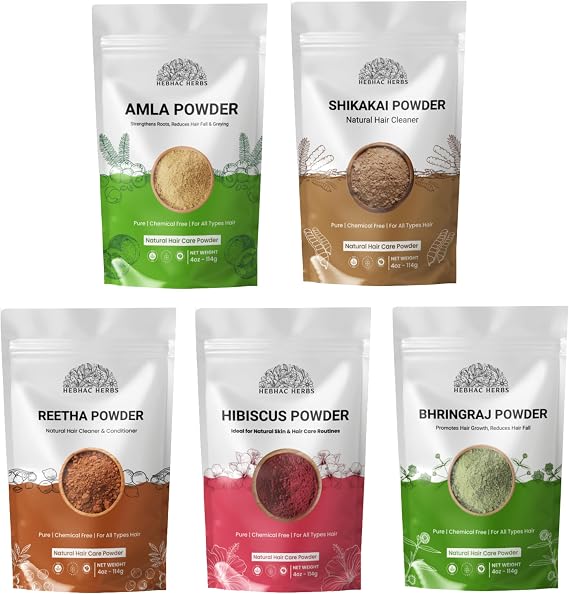 Hair Care Combo Natural Hair Cleanser Amla, Reetha & Shikakai Powders, Bhringraj & Hibiscus (Each 114g) Herbal Hair Pack, Ayurvedic Powders for Hair Growth, Scalp Health