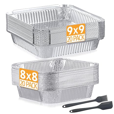 40 Pack Disposable Aluminum Pans 9x9 & 8x8 Inch Combo Set | 20pc 9x9 Inch & 20pc 8x8 Inch Square Aluminum Foil Pans for Oven, Roasting,Freezer Storage | No Lids Included | No-wash