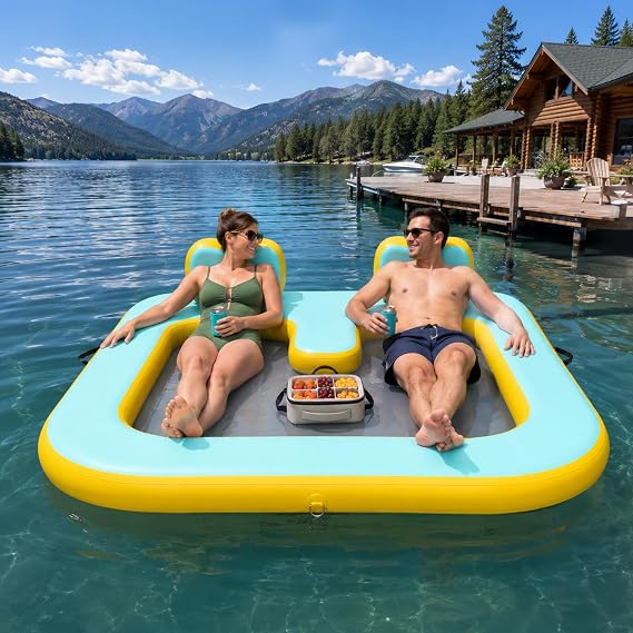71" x 71" Inflatable Floating Dock for 2 Adults, 500 lbs Capacity Floating Island Platform with Mesh Water Hammock, UV and Puncture Resistant for Sunbathing, Lake Lounging and Water Relaxation