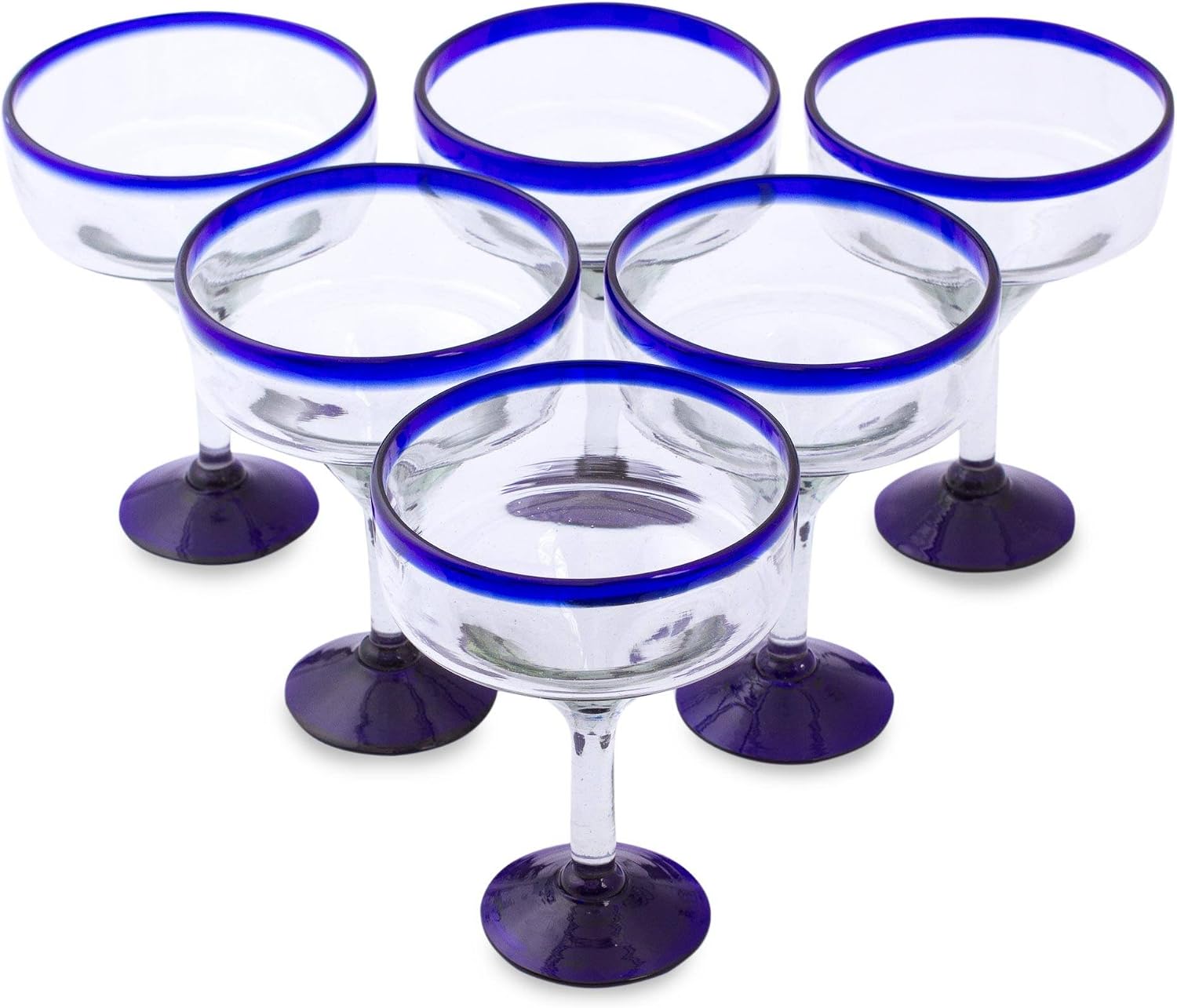 NOVICA - 284619 NOVICA Clear Blue Rim Glass Eco-Friendly Margarita Glasses, 13 Ounces, Cobalt Contrasts Set Of 6