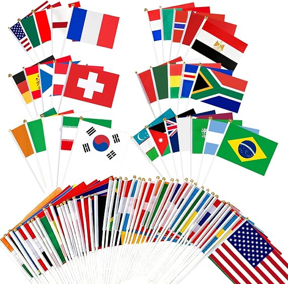 32 Countries Flags of The World 14x21cm World Flags National Flag with 30cm White Pole, Suitable for Football Fans World Cup Football 2026 Celebration Decorations