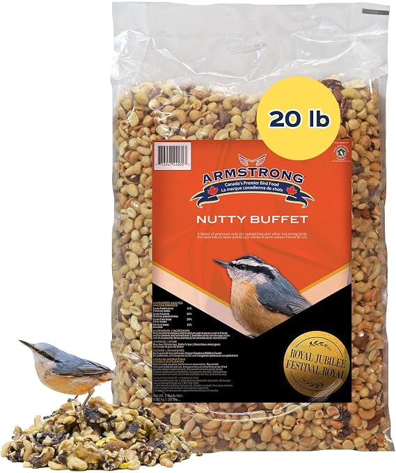 Armstrong Wild Bird Food Royal Jubilee Nutty Buffet Blend, 20 Pounds - with Peanuts, Cashews, Walnuts, Pecans, Almonds and Brazil Nuts for Downy Woodpeckers, Black Capped Chickadees and Blue Jays