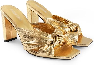 COLETER Womens Chunky Heeled Mules Bow Knot Square Toe Sandals Summer Evening Party Shoes