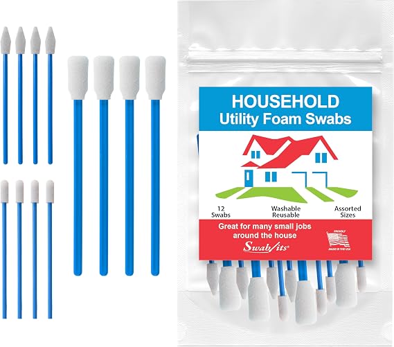 Swab-its Household Utility Foam Swabs 12-Piece Reusable, Lint-Free Cleaning & Detailing Set | Multi-Purpose Home Cleaning Tools | Made in USA (88-8221)