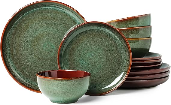 Pokini Ceramic Dinnerware Sets for 4, 12pcs Plates and Bowls Sets Dish Set