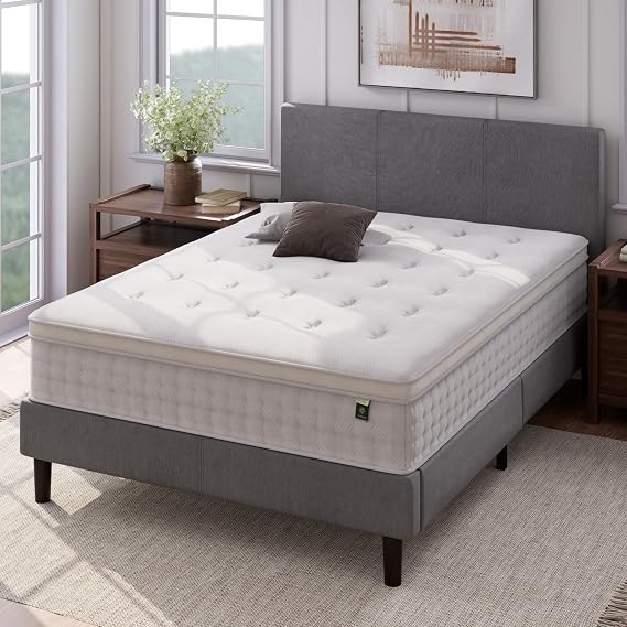 Zinus 12 Inch Euro Top Pocket Spring Hybrid Mattress, Queen, Pressure Relief, Pocket Innersprings for Motion Isolation, Mattress in A Box