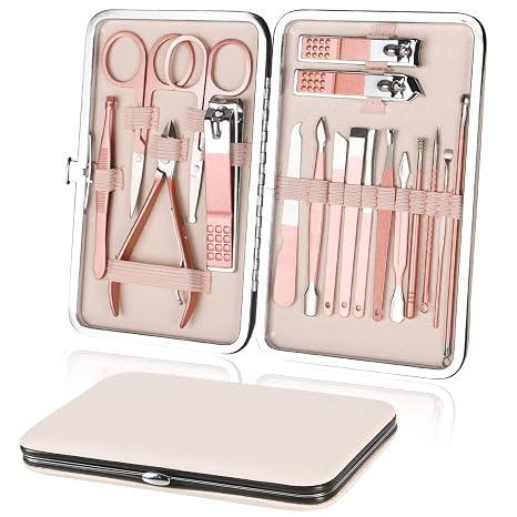 URAQT Nail Clippers Set 18-Piece Manicure Pedicure Set Women's Stainless Steel Nail Clippers Tools Professional Beauty Nail Care Kit for Home Travel (Rose Gold)