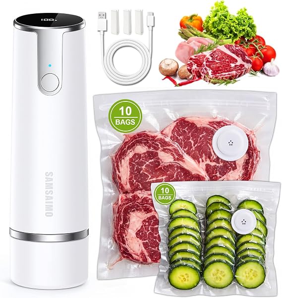 SAMSAIMO Compact Vacuum Sealer for Food with 20 Reusable Seal Bags, Powerful Handheld Vacuum Sealer Machine, Portable Vacuum Sealing Machine for Preservation & Fresh