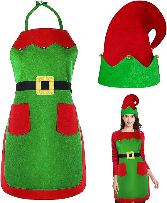 Yezmo Christmas Elf Apron and Hat Set, Christmas Elf Costume Accessories for Adults Women Men for Xmas Dress up Party