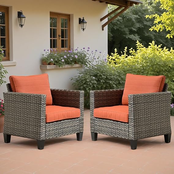 ovios 2-Pieces Patio Chairs, Outdoor Wicker Chair of 2, All Weather Modern High Back Rattan Armchairs with Comfy Cushions for Porch Balcony Deck Garden Outside Poolside, Orange Red