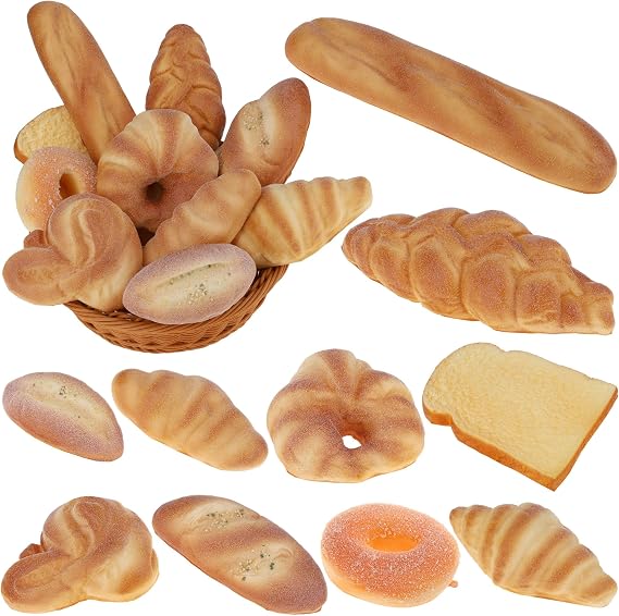 Gresorth 10 PCS Fake Bread Set Artificial French Loaf Model Decoration | Lifelike Croissant Donut Cake Slice Platter Ornament, Realistic Toast Photography Props Kitchen Display