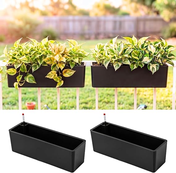 LaLaGreen Railing Planter Boxes (16 Inch, 2 Pack) Black Rectangular Plastic Window Box Planters with Self-Watering System Metal Brackets, Outdoor Plants Herbs Flowers Deck Balcony Fence Garden Decor