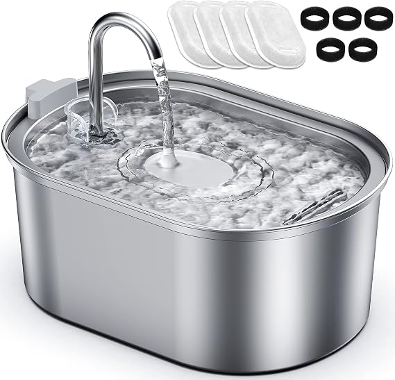 Stainless Steel Cat Water Fountain, 3.2L, with 4 Filters & 5 Foam Pads