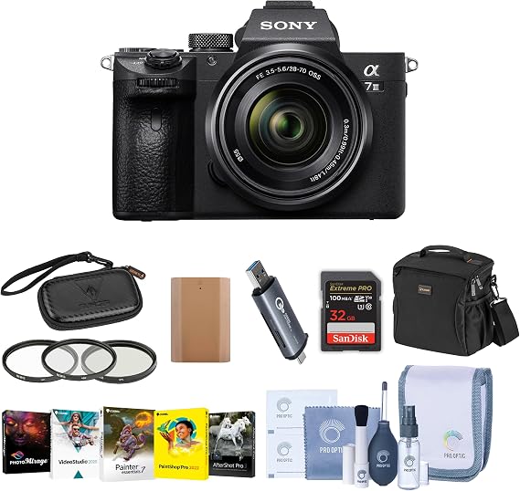 Sony Alpha a7 III 24MP UHD 4K Mirrorless Camera with 28-70mm Lens - Bundle 32GB SDHC U3 Card, Camera Case, 55mm Filter Kit, Spare Battery, Cleaning Kit, Memory wallet, Card Reader, PC Software Package