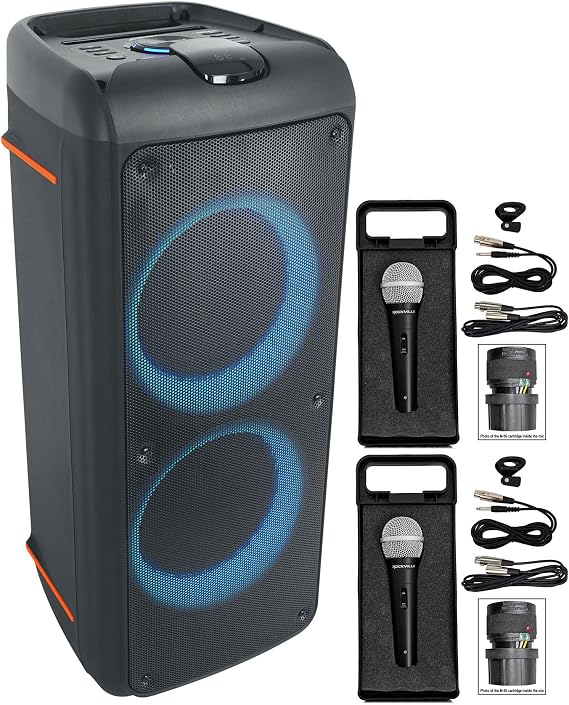 Rockville Rock Party 9 Dual 8" Bluetooth Speaker, 1000W, LED Effects, Mic & Guitar Inputs, Auto-Tune, Includes (2) RMC-XLR Metal Wired Microphones, Perfect for Karaoke, Parties & Events