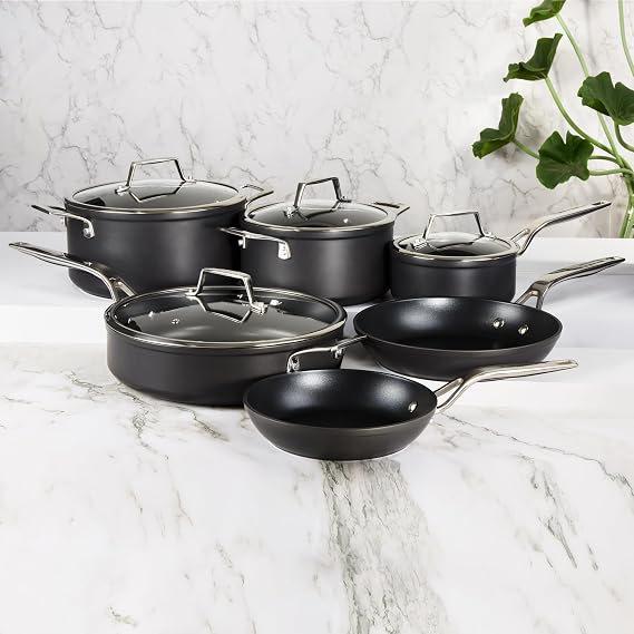 Berghoff Essentials 10Pc Nonstick Hard Anodized Cookware Set,Oven Safe | Induction Pots & Pans Set, FernoGreen Non Toxic Coating, Stainless Steel Handles, Vented Glass Lids, Oven Safe Cooking Pots