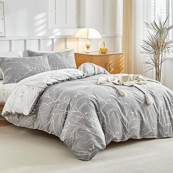 Tokokimo 4PCS Duvet Cover Sets King Size Bedding Sets, Botanical Branches Printed Grey Kingsize Duvet Cover Sets with Pillowcases and Extra Fitted Sheet, Soft Microfiber King Size Bedding Sets
