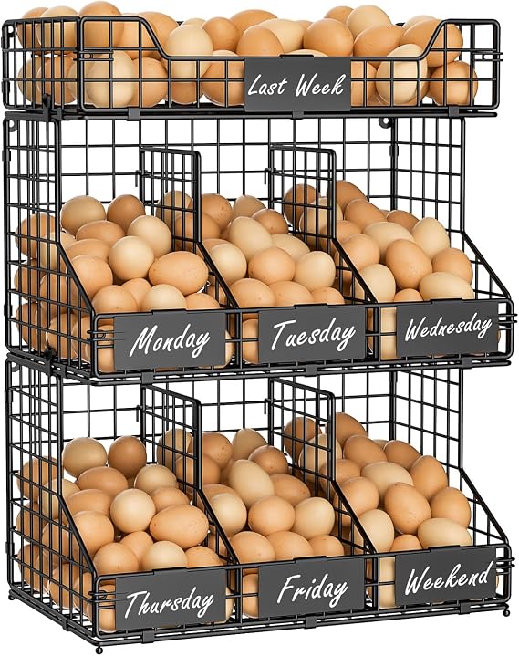 Egg Holder Countertop, 3-Tier Egg Rack, Stackable Wire Baskets