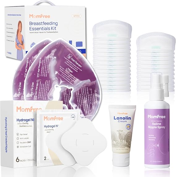 Breastfeeding Essentials Kit for Nursing Moms Nipple Relief, 60 Pcs Gift Set with Reusable Hot and Cold Breast Therapy Packs/Hydrogel Nipple Pads/Nipple Balm 30g/Nursing Pads/Nipple Saline Spray