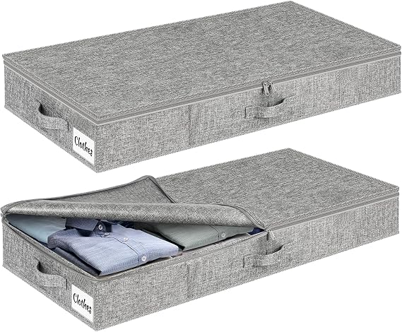 2 Pack Under Bed Storage Box with Lid, 13cm Tall Shallow Underbed Storage Bags with Zip, Foldable Thick Fabric Underbed Storage and Organisation with Sturdy Bottom/Sides for Clothes, Blankets, Bedding