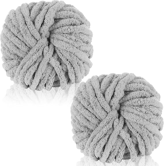 2 Pack 240g Super Chunky Yarn for Hand Knitting,Thick Wool Yarn,Chenille Chunky Blanket Yarn for Hats Scarf Blankets Cushion Cat Bed(Light Gray)