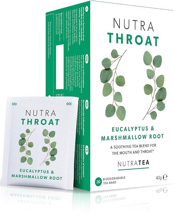 Nutra Tea NutraTHROAT Soothing Throat Tea | Sore Throat Tea | Throat Relief Tea. Tea For Sore Throat & Coughs with Marshmallow Root & Slippery Elm. 20 Individually Wrapped Bags - Herbal Teas (1 Pack)