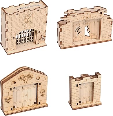 Dungeon Door & Portcullis Gate Miniatures Set of 4 Wooden Laser Cut Open and Closed Fantasy Terrain 28mm Scale for Dungeons & Dragons, Pathfinder, D&D and Other Tabletop RPG