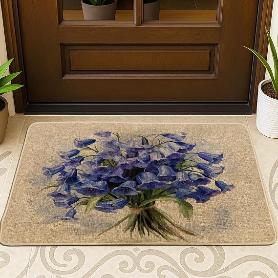 Spring Bluebell Flower Front Black Door Mat Outside Inside Entrance 29 * 17, Watercolor Florals Plant Outdoor Ultra Thin Doormat, Small Botanical Print Shoes Off Door Rug for Patio
