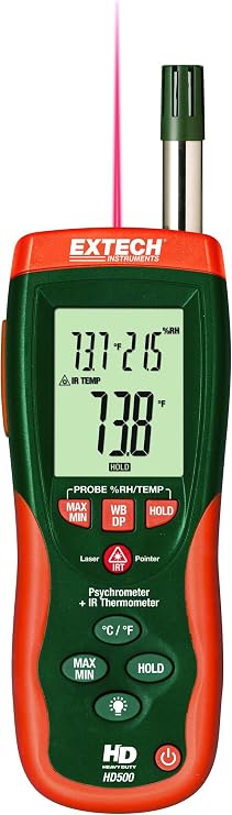 Extech HD500 Psychrometer with 30:1 Infrared Thermometer | Humidity, Type K, and IR thermometer (30:1), triple backlit LCD, dew point, non-contact temperature