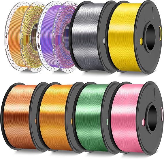 SUNLU 250g 3D Printer Filament Bundle, PLA Silk Filament 1.75mm Multicolor, Individually Vacuum Packed, 250g Spool, 8 Rolls, 2kg Total, Pink+Bronze+Brass+Yellow+Grey+Red Copper+Dual Color*2