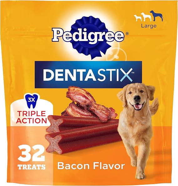 Pedigree Dentastix Large Breed Dental Dog Treats, Bacon Flavor, 32 Count