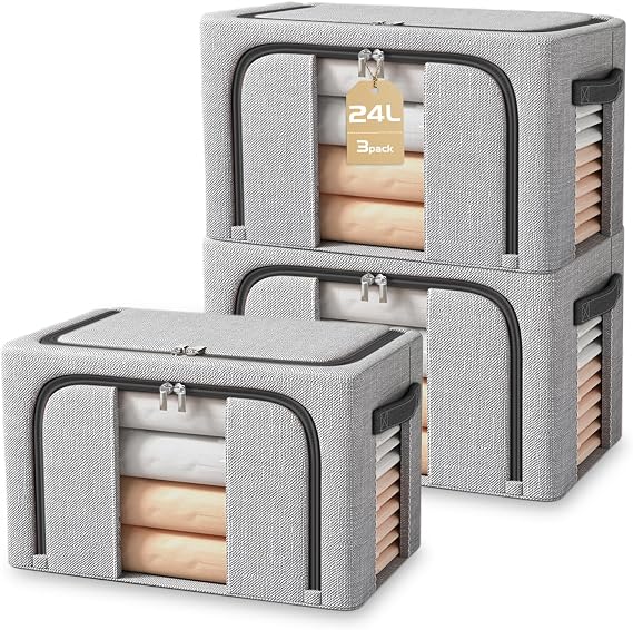 Foldable Storage Box,3 Pack Clothes Storage Boxes With Double Opening Zip And Clear Window, Sided Zip Top Lid, With Reinforced Handle for Storing Bedding, Blankets