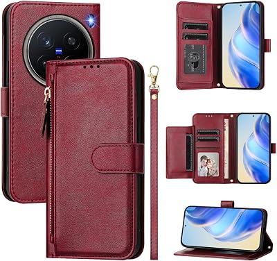 Compatible with Vivo X200 Pro case,Compatible with Vivo X200 Pro 5G V2413 Magnetic Closure Flip Stand Card Slot Wallet Zipper Lanyard Phone Case Cover PT12 Red