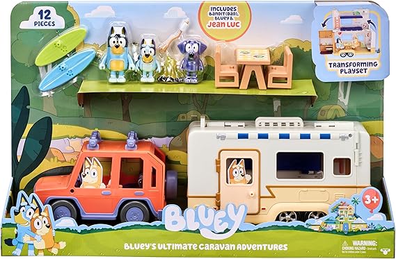 Bluey Ultimate Caravan Adventures Karavan Oyunu ve 2,5 - 3 İnç Üç Figür ve 2 Sörf Tahtalı 4WD Aile Aracı