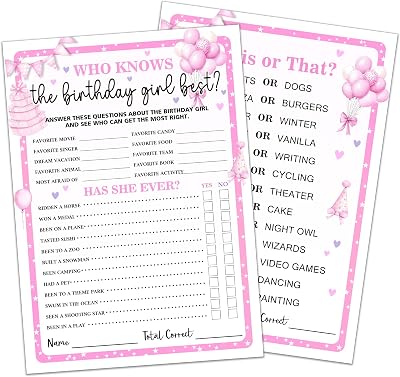 GREOXG Pink Birthday Party Game Card, 5x7 Inches Lovely Double-Sided Cards, Who Knows The Birthday Best, Entertainment Creative Games for Friends, Party Supplies and Decorations-A04