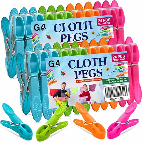 G4GADGET Clothes Pegs 48 Pack, Strong Grip Pegs for Washing Line, Durable Plastic Laundry Pegs with Stainless Steel Spring, Non-Slip & Windproof Washing Pegs for Clothes Drying, Home & Garden Use