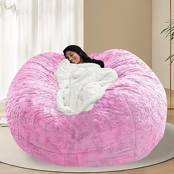 BCU Oversized Bean Bag Cover Comfy Beanbag Chair for Adults With 5LBS Filler Faux Fur Lazy Sofa Cover for Living Room Chairs, Pink, 5FT