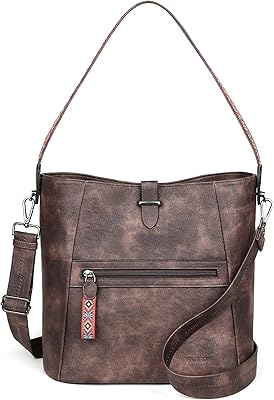 FADEON Bucket Bag for Women, Designer PU Leather Crossbody Hobo Purses, Trendy Shoulder Tote Handbag for Work Brown
