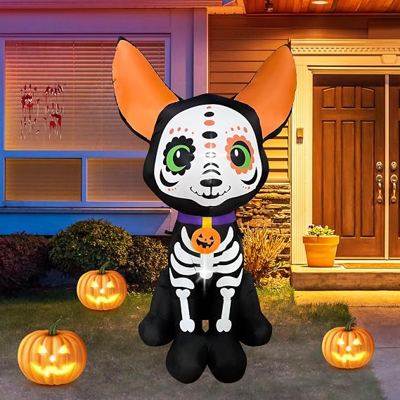 5 Ft Halloween Inflatables Skeleton Dog Decoration, Halloween Blow Ups Build-in LED Lights Halloween Inflatable Outdoor Decoration for Holiday Party Garden Lawn