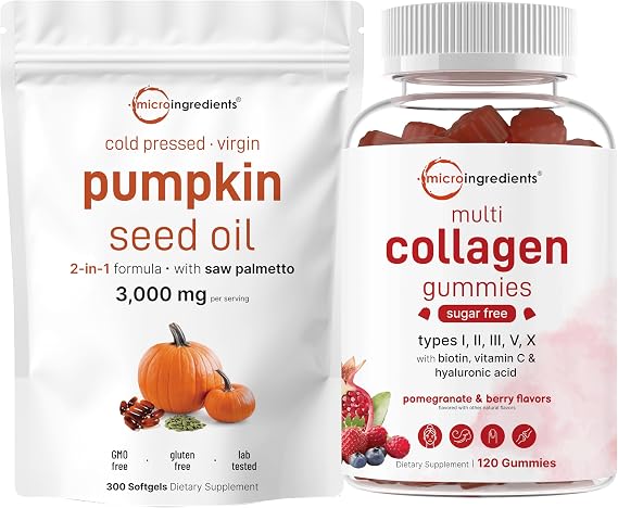 Micro Ingredients Pumpkin Seed Oil with Saw Palmetto 3,000mg Softgels & Multi Collagen Peptide Gummies | 2 Pack | Cold Pressed Virgin Oil | Sugar Free + Biotin, Hyaluronic Acid, Vitamin C Complex