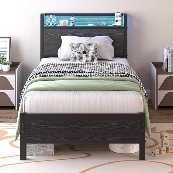 3ft Single Bed Frame with Storage Headboard Shelf,LED Lights,Charging Station,Heavy Duty Metal Bed Frame Single Bed,Strong Steel Slats Support,Noise Free/Easy Assembly/Black Bed