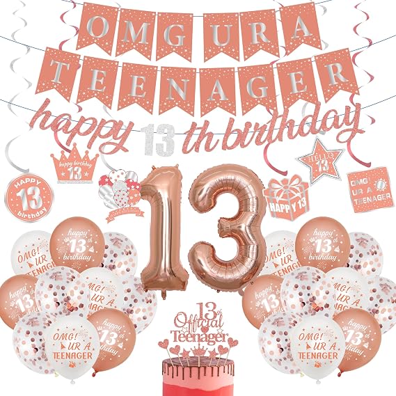 13th Birthday Decorations Balloons Girls - 32 Pcs Rose Gold Glitter Omg Ur A Teenager Banner Garland Number 13 Foil Balloons Swirls Cake Toppers For 13 Year Old Official Teenager Party Supplies
