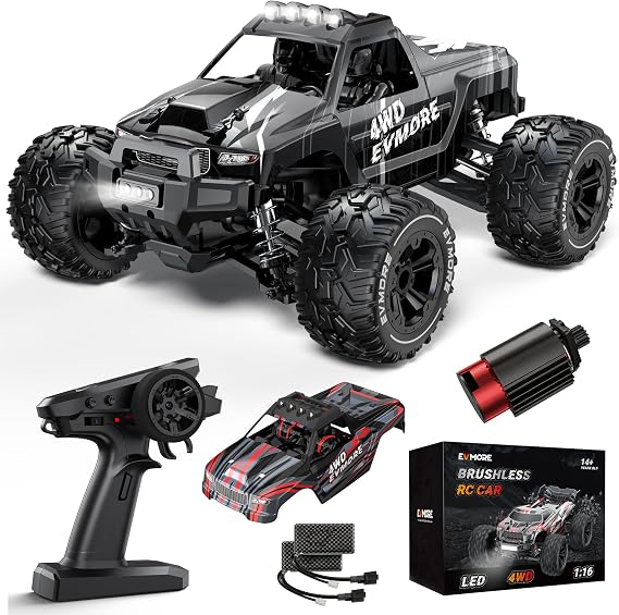 Evmore 1/16 Brushless RC Cars for Adults & Boys, Fast 34 Mph, Electric 4WD High Speed RC Car, All-Road Remote Control RC Truck with Two 2S Lipo Batteries, Compatible with 3S Lipo