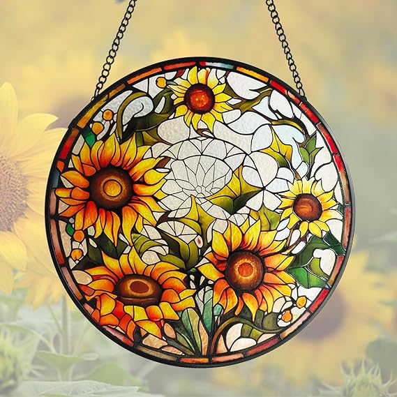 Sunflower Stained Glass Window Hanging,7.9'' Sunflower Suncatchers Hanging Glass Decor,Sun Catchers Indoor Wall Art Home Decor Gift for Flower Lovers Women