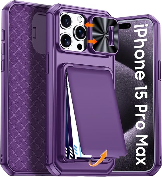 iPhone 15 Pro Max用ケースウォレット、RFIDブロッキング、内蔵カードホルダー4-5カード、スライドカメラカバー、iPhone 15 Pro Max用耐衝撃頑丈なスマホケース パープル