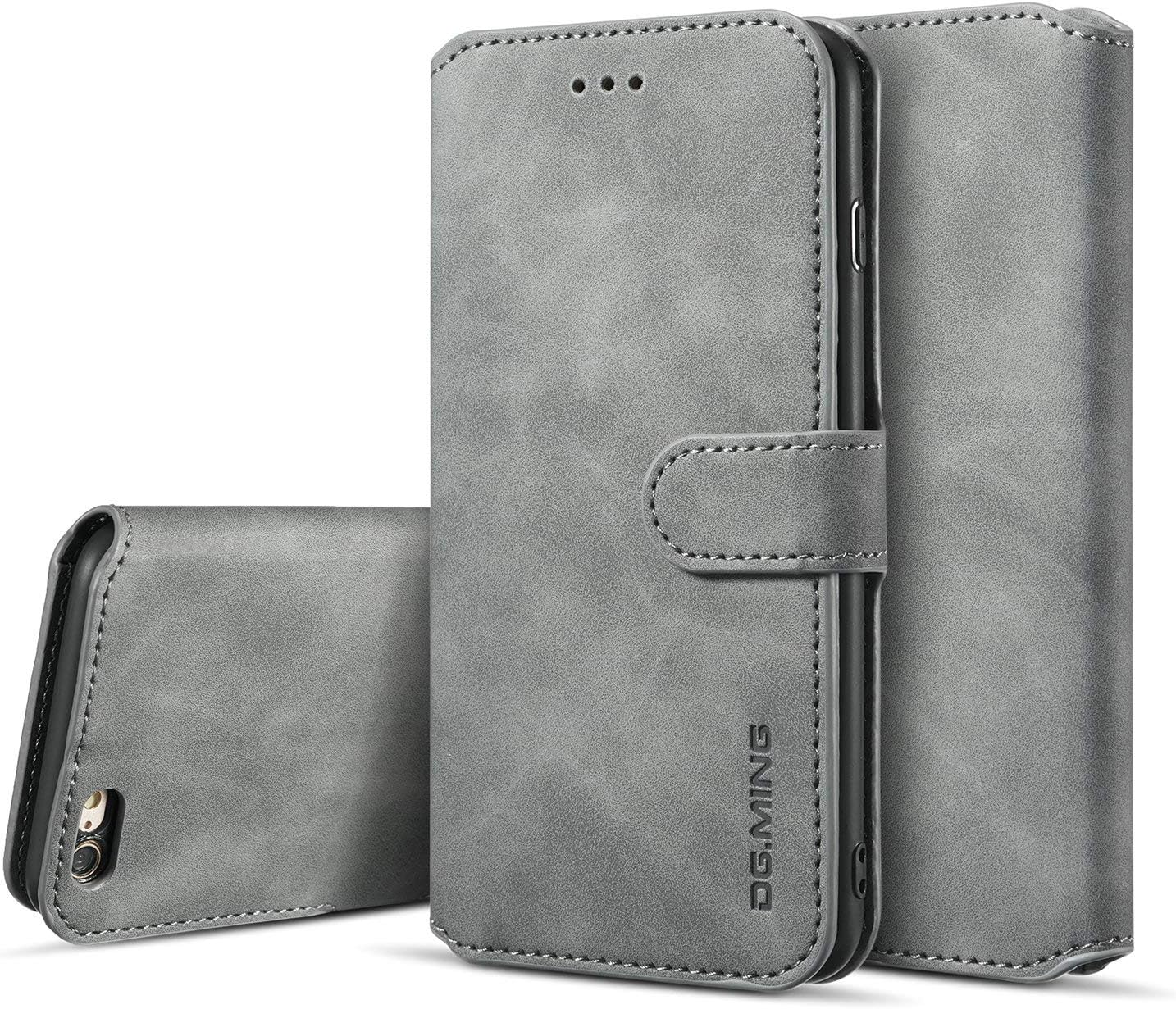 UEEBAI Case for iPhone 6 Plus iPhone 6S Plus, Luxury PU Leather Case Vintage Wallet Flip Cover TPU Inner Shell [Card Slots] [Magnetic Closure] Stand Function Folio Shockproof Full Protection - Grey